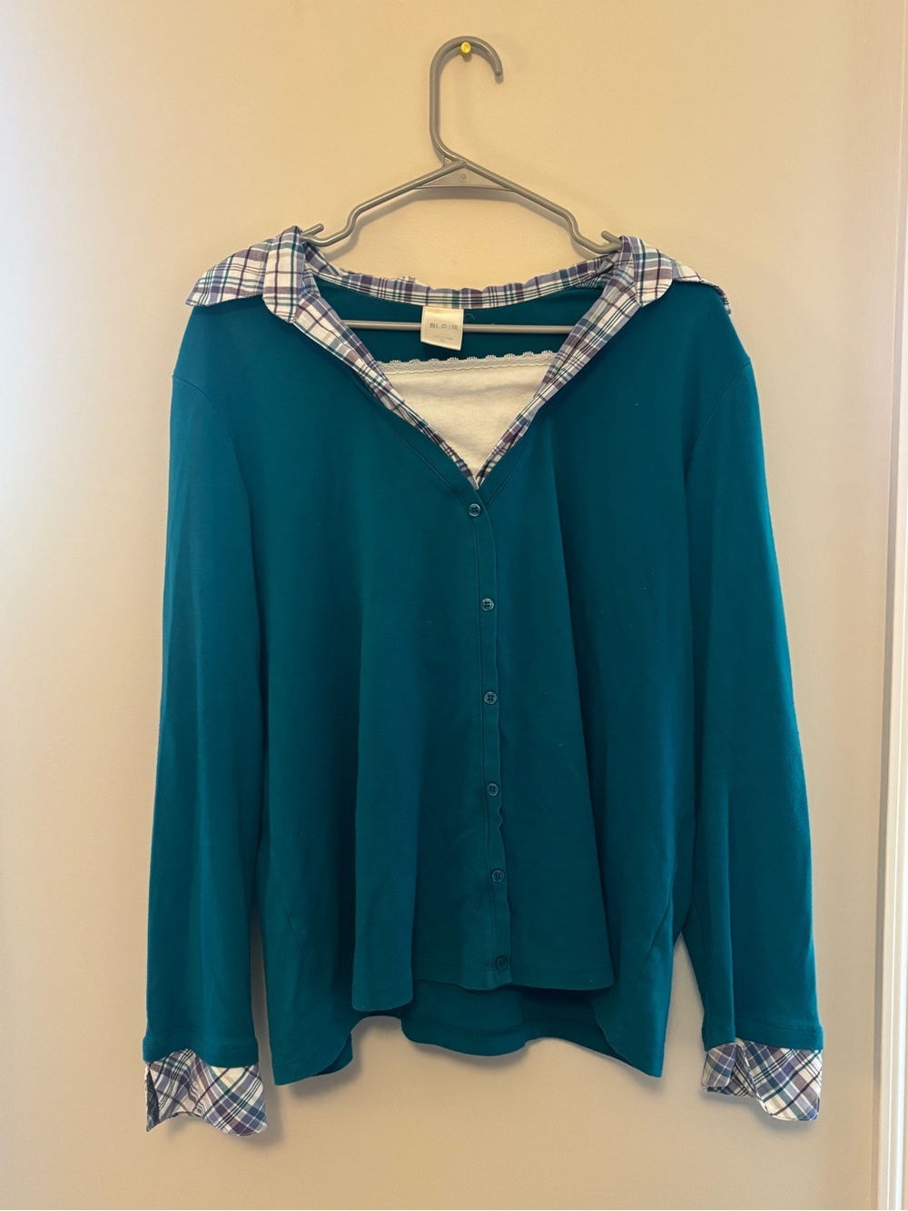 Blair Teal Button-Front Top with Plaid Trim